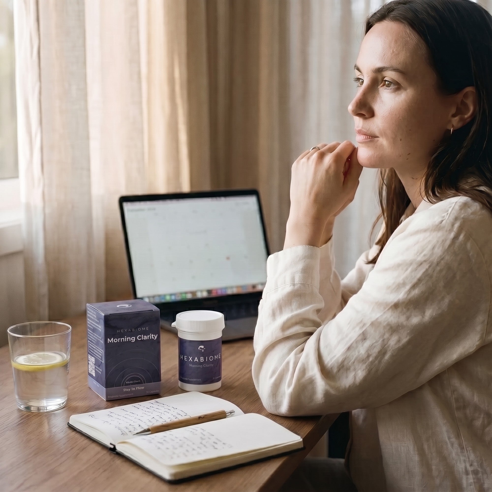 Calm morning desk with a water glass and Morning Clarity