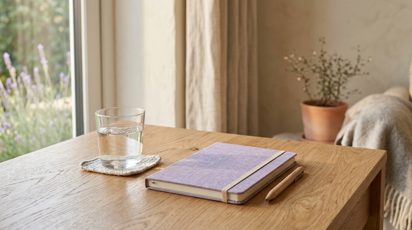Warm late-afternoon light across a calm desk corner — steady energy
