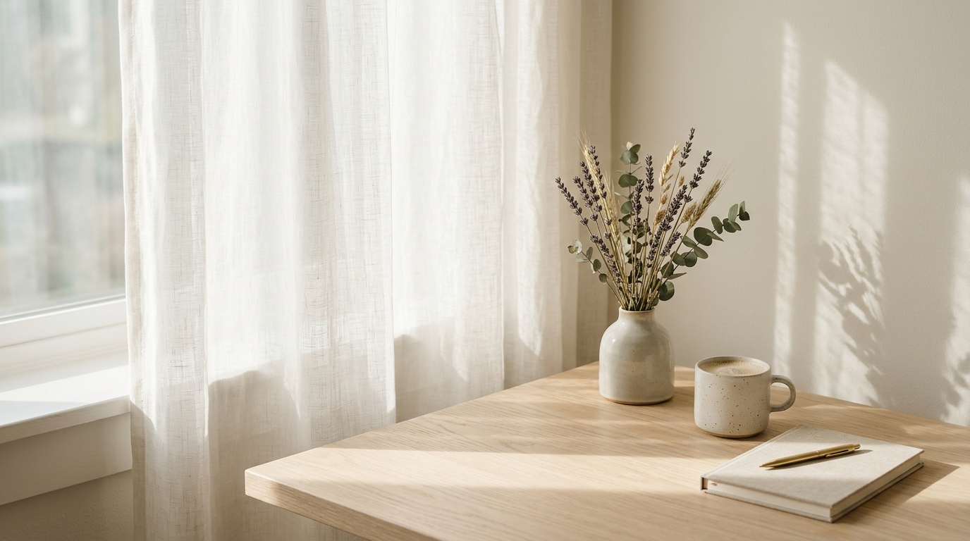Morning light through a sheer linen curtain on a clean surface