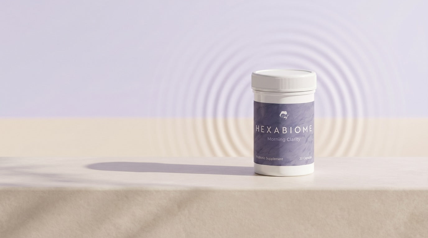 Hexabiome Morning Clarity — a calm composition flowing from a clear pale-lavender sky to a grounded warm base, with the bottle at center