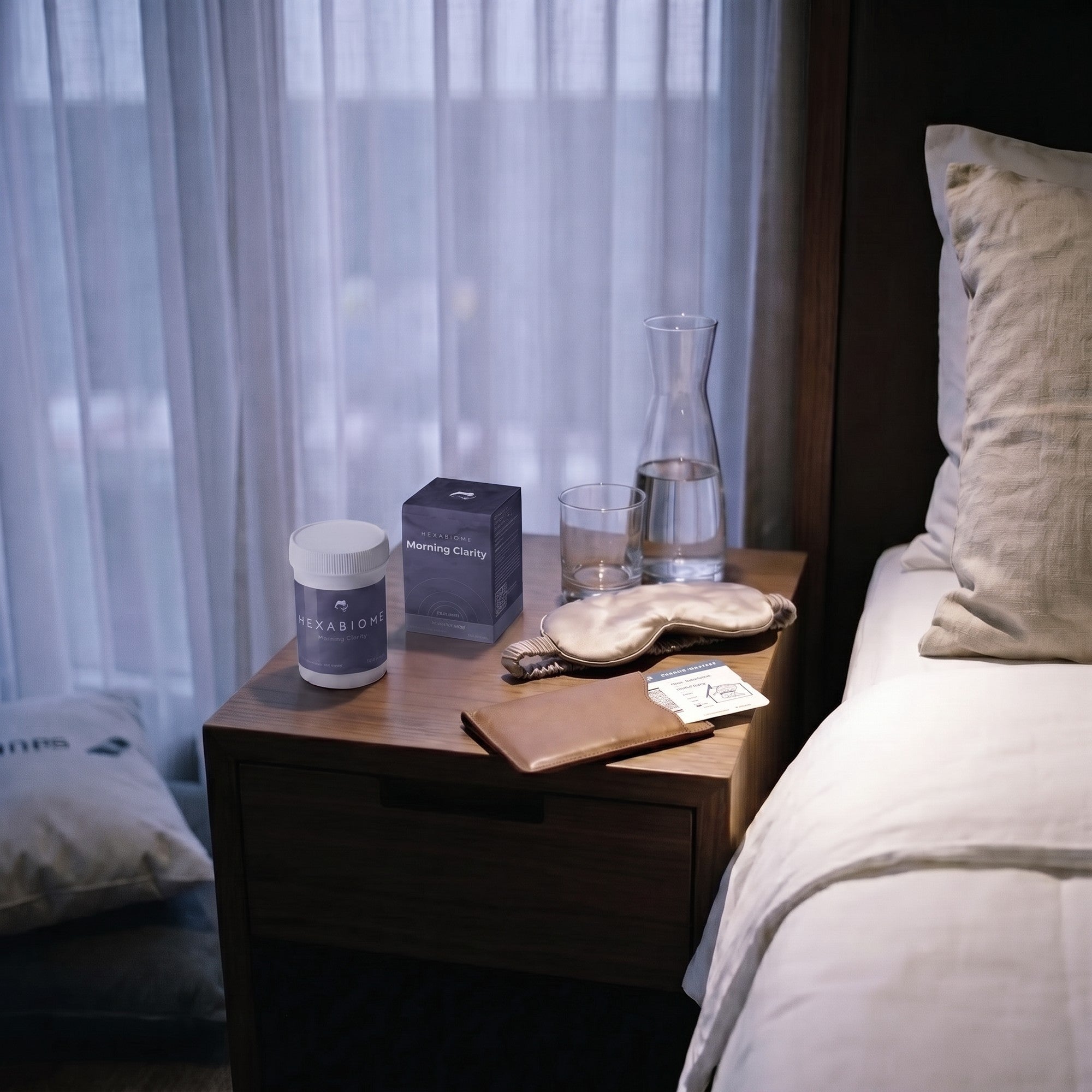 Quiet bedside at dawn with a water carafe and Morning Clarity