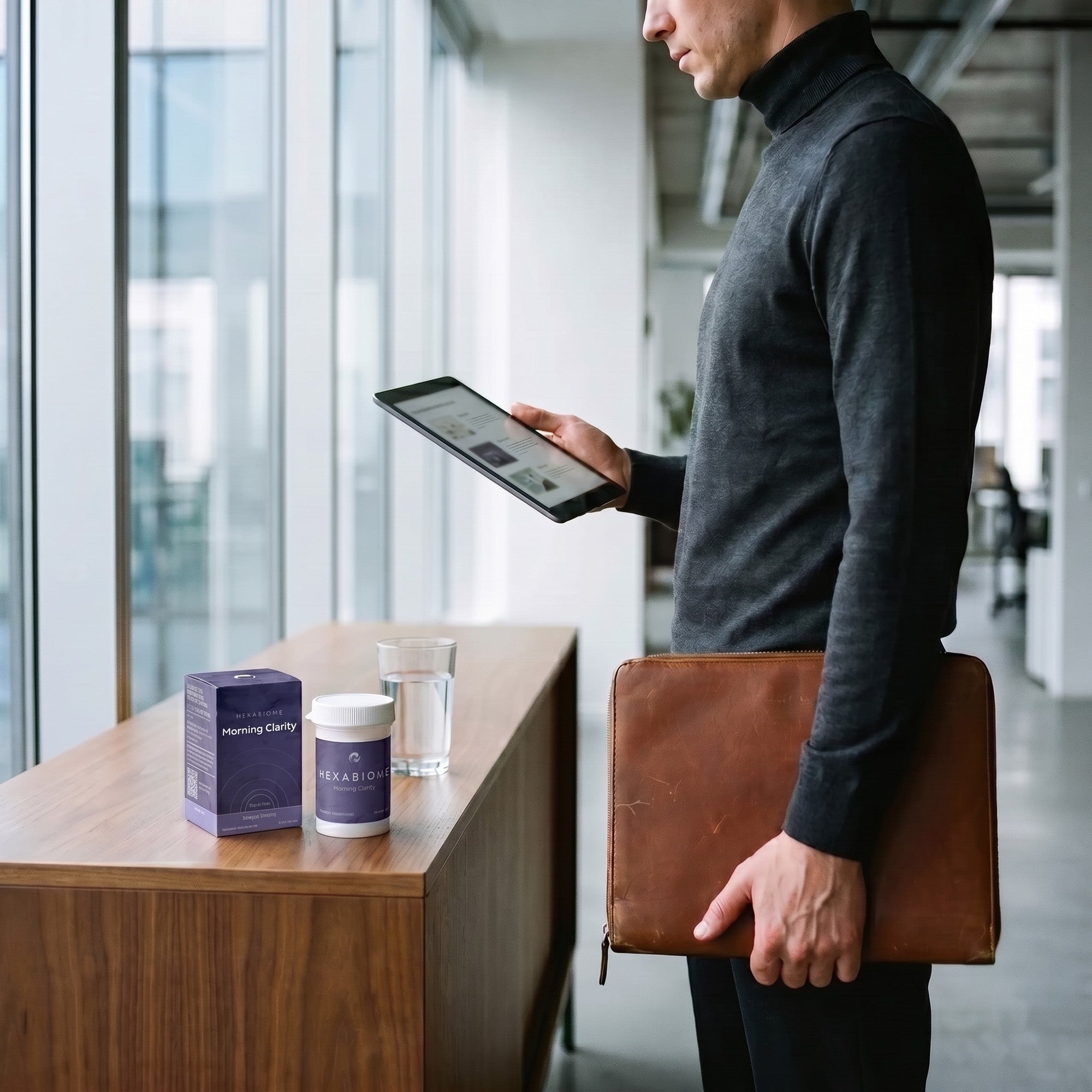 Tidy desk with a tablet and Morning Clarity before a big morning
