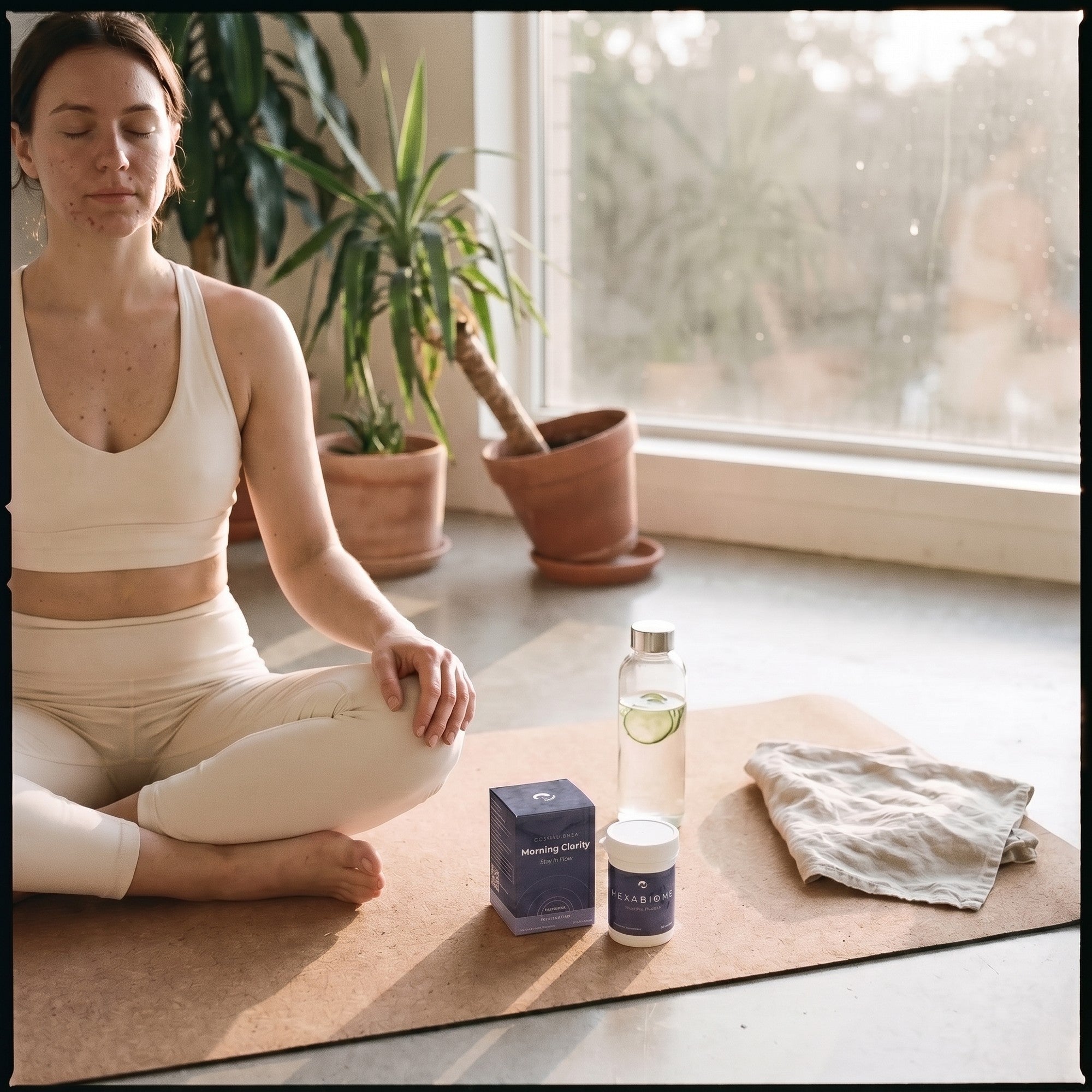 Calm mat with a water bottle and Morning Clarity after gentle movement