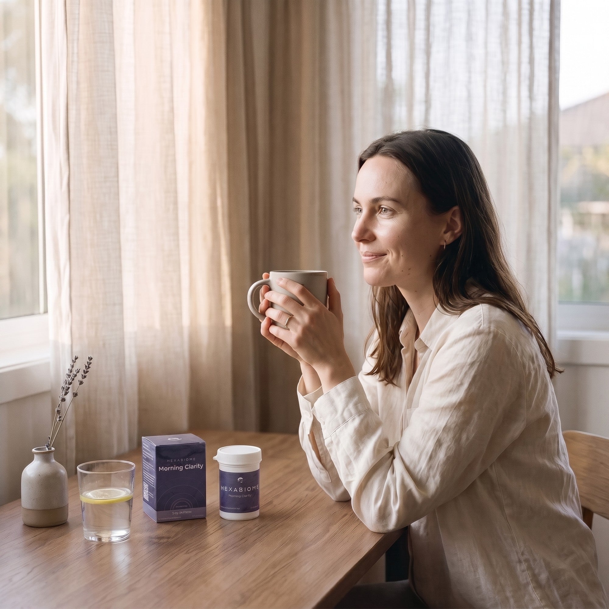 A calm, ordinary morning with a glass of water and Morning Clarity